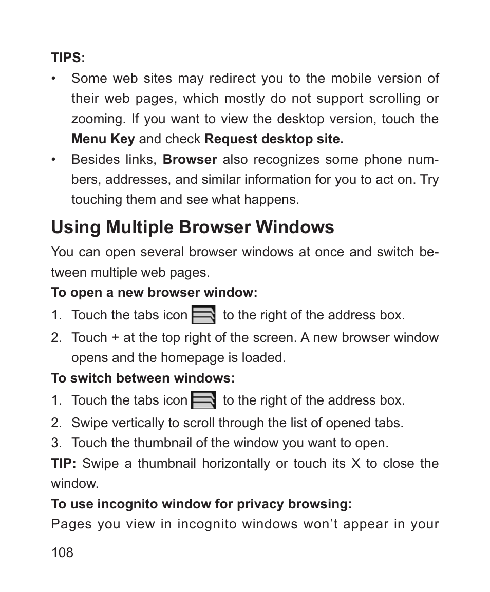 Using multiple browser windows | ZTE Blade 3 User Manual | Page 108 / 179