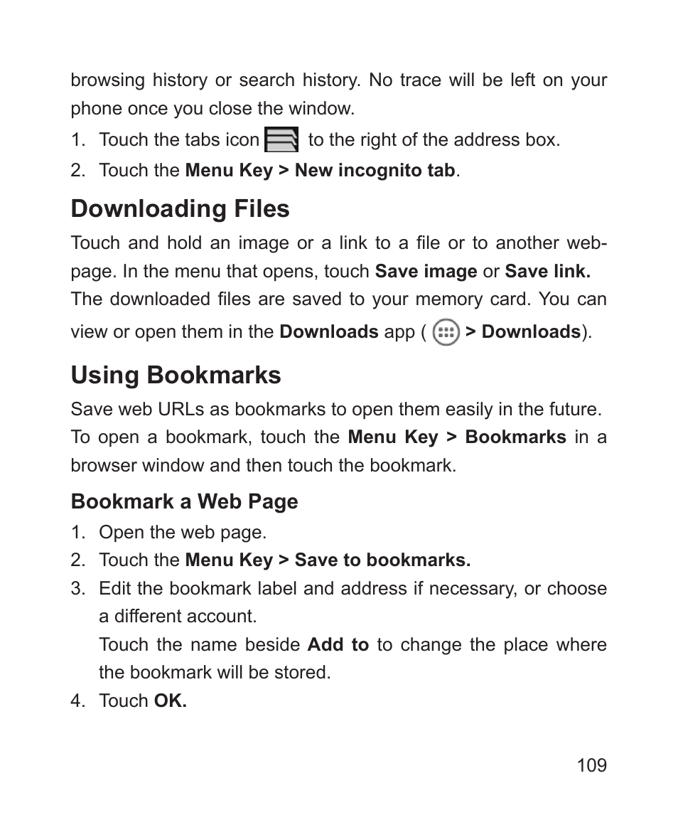 Downloading files, Using bookmarks, Downloading files using bookmarks | ZTE Blade 3 User Manual | Page 109 / 179