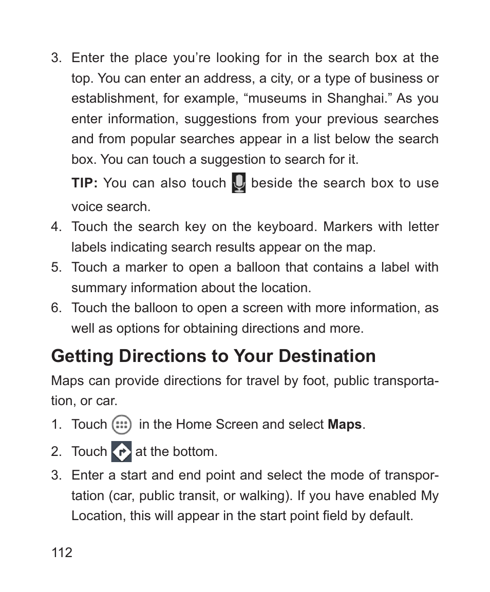 Getting directions to your destination | ZTE Blade 3 User Manual | Page 112 / 179