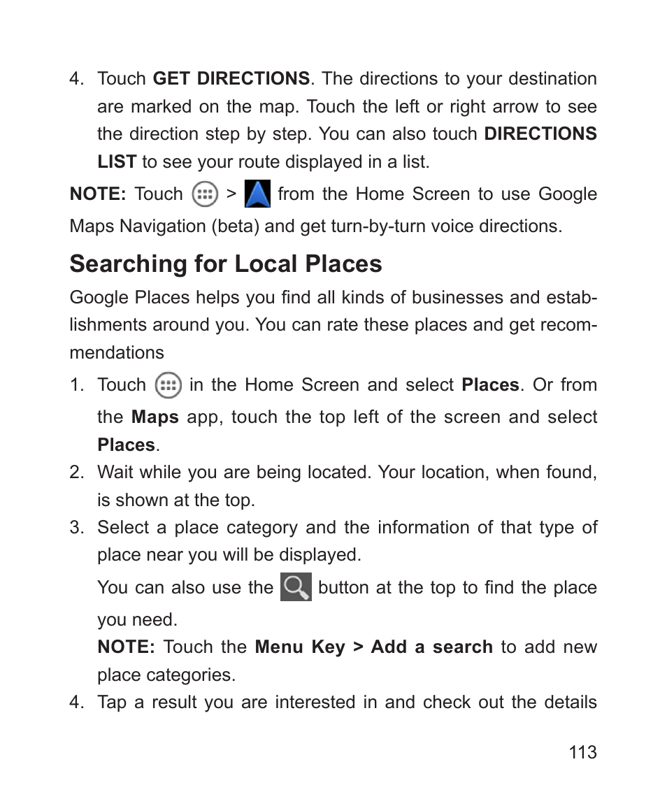 Searching for local places | ZTE Blade 3 User Manual | Page 113 / 179