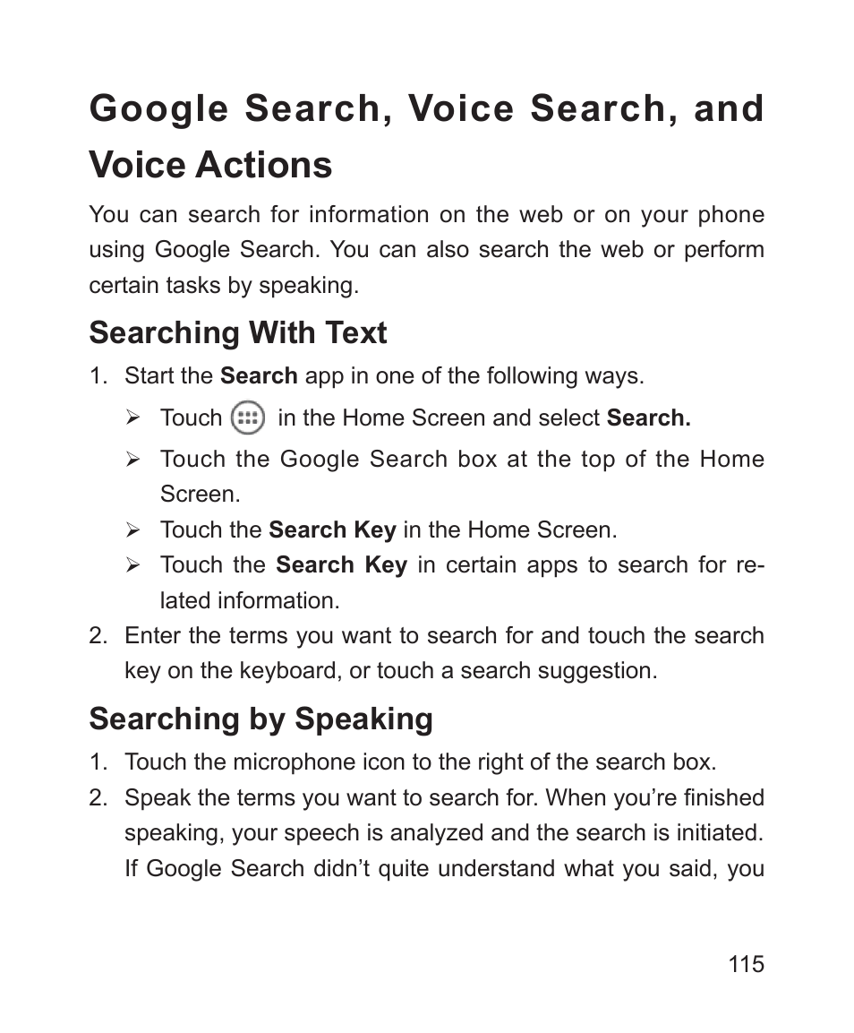 Google search, voice search, and voice actions, Searching with text, Searching by speaking | Searching with text searching by speaking | ZTE Blade 3 User Manual | Page 115 / 179