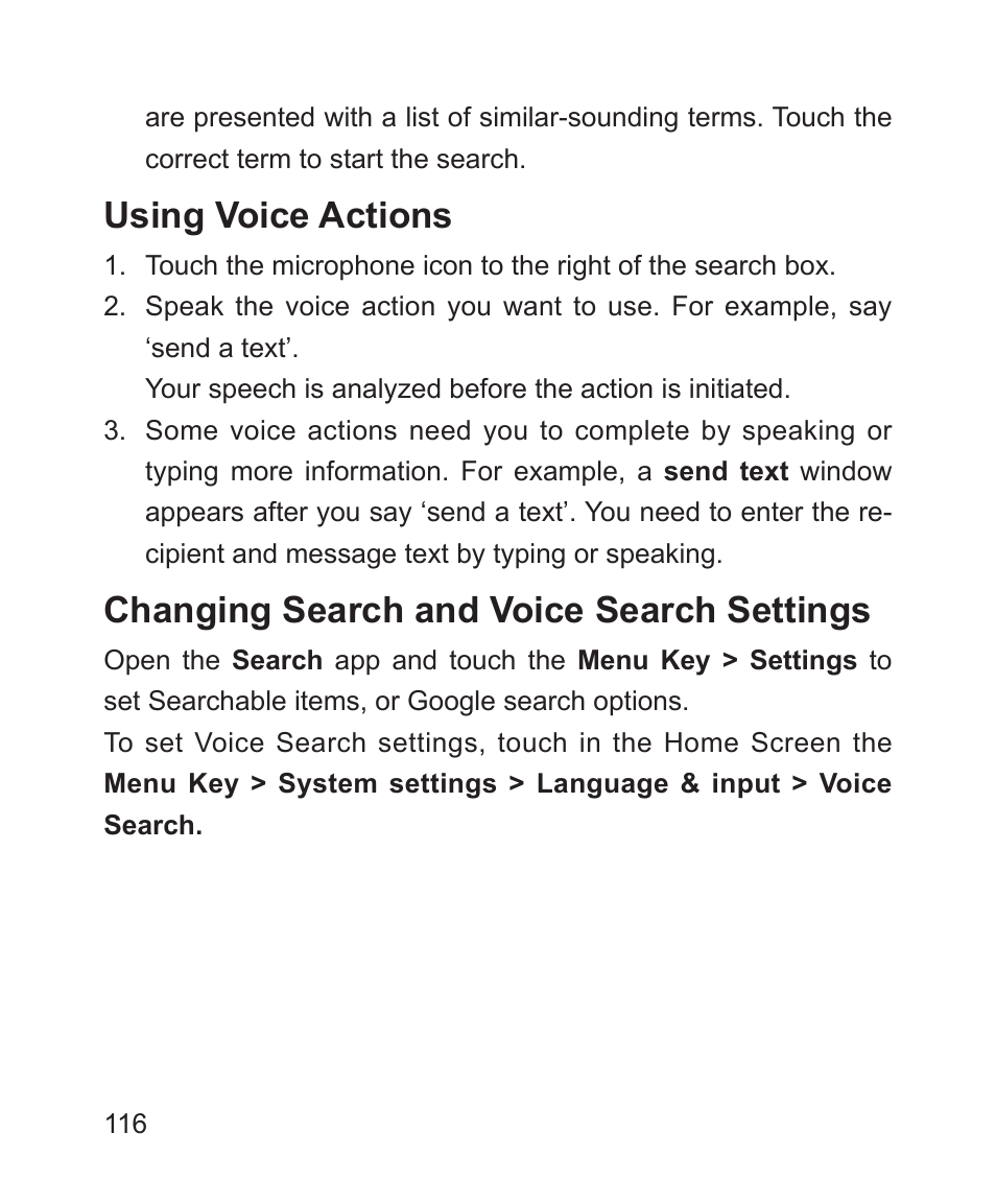 Using voice actions, Changing search and voice search settings | ZTE Blade 3 User Manual | Page 116 / 179