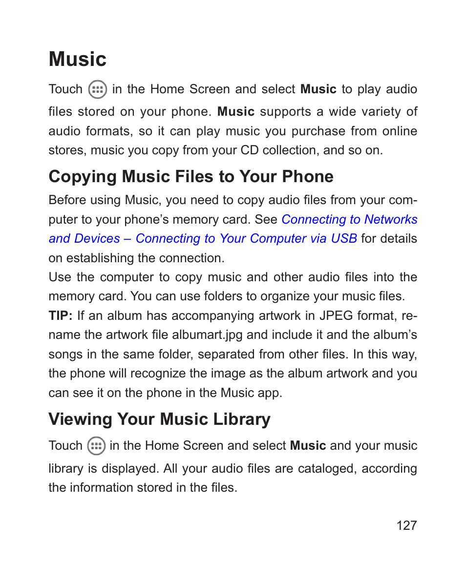 Music, Copying music files to your phone, Viewing your music library | ZTE Blade 3 User Manual | Page 127 / 179