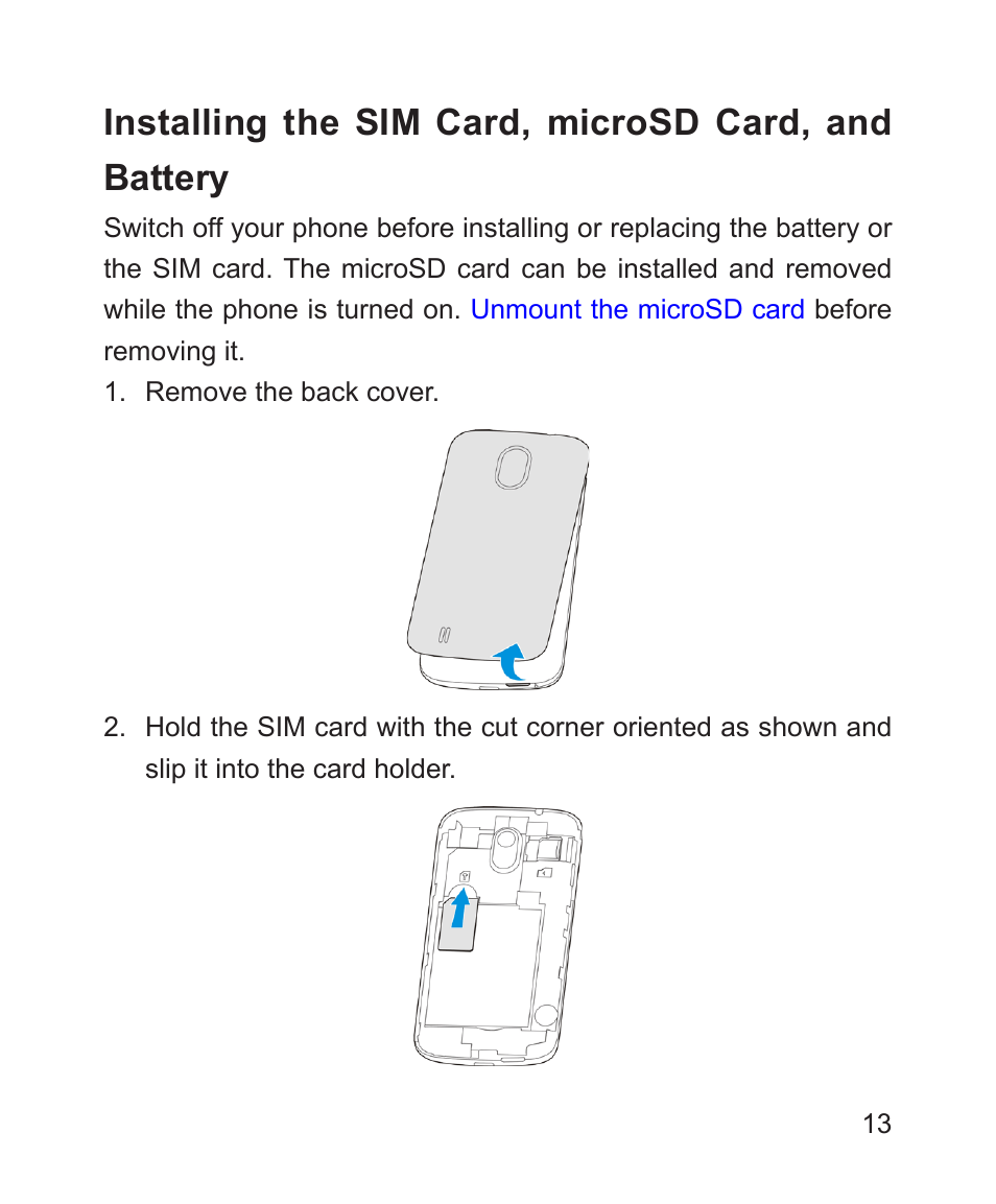 Installing the sim card, microsd card, and battery | ZTE Blade 3 User Manual | Page 13 / 179