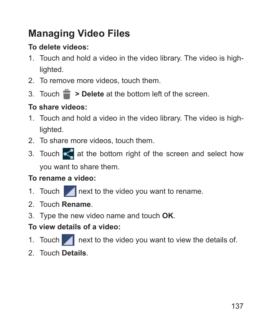 Managing video files | ZTE Blade 3 User Manual | Page 137 / 179