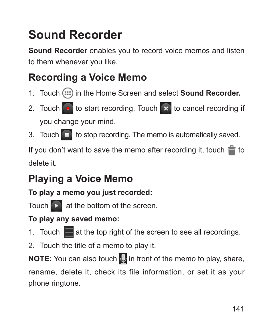 Sound recorder, Recording a voice memo, Playing a voice memo | Recording a voice memo playing a voice memo | ZTE Blade 3 User Manual | Page 141 / 179