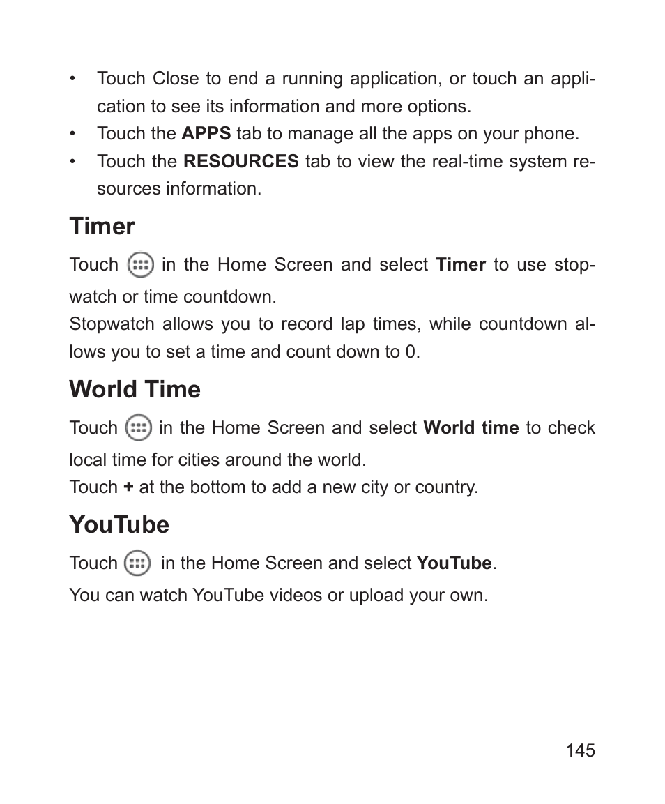 Timer, World time, Youtube | World time youtube | ZTE Blade 3 User Manual | Page 145 / 179