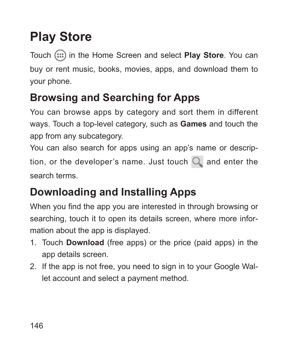 Play store, Browsing and searching for apps, Downloading and installing apps | ZTE Blade 3 User Manual | Page 146 / 179