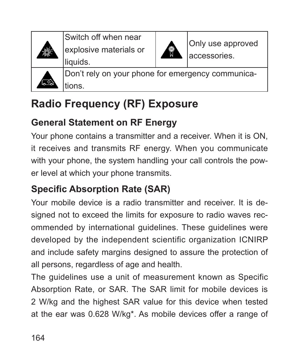 For your safety, General safety, Radio frequency (rf) exposure | ZTE Blade 3 User Manual | Page 164 / 179