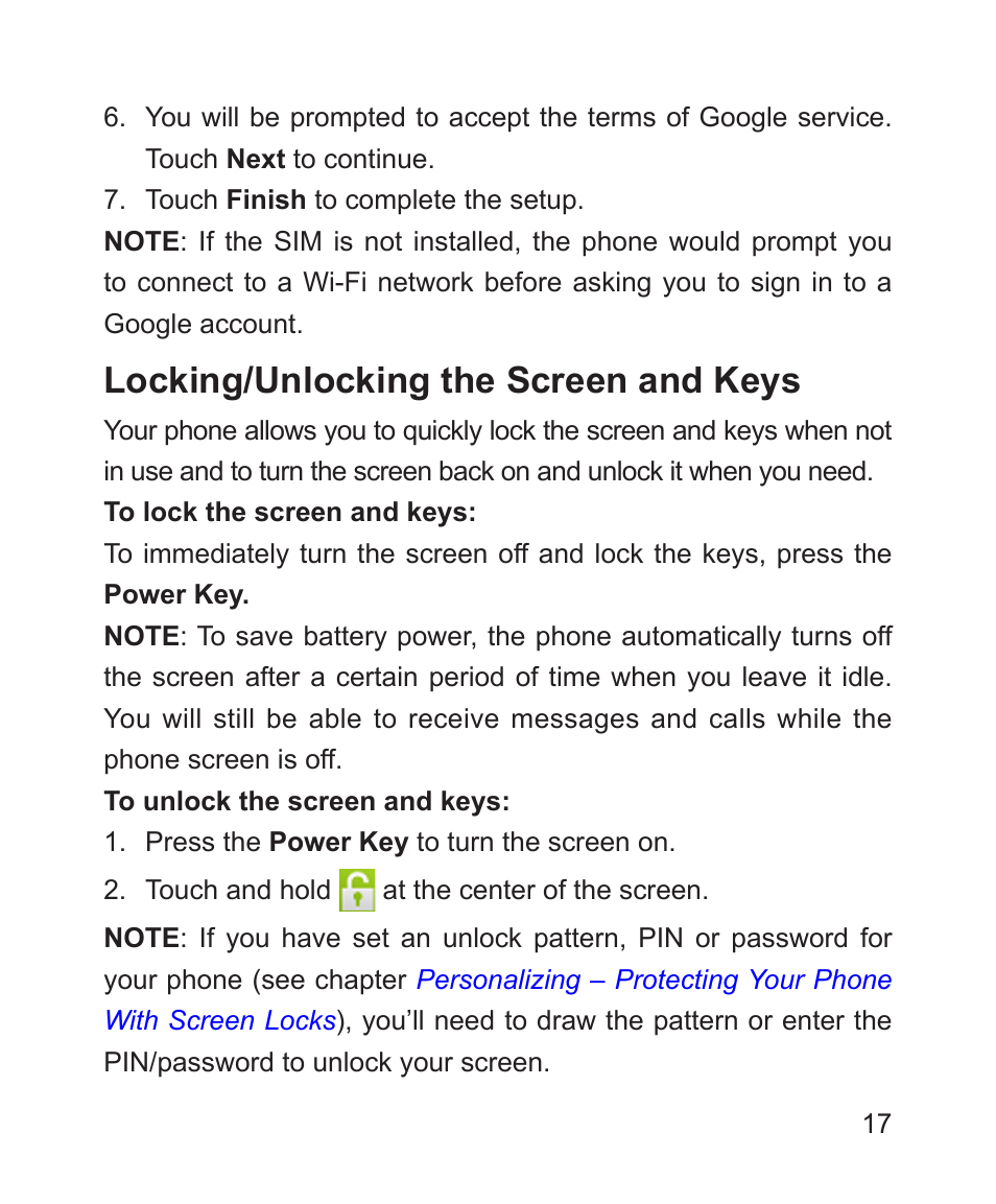 Locking/unlocking the screen and keys | ZTE Blade 3 User Manual | Page 17 / 179