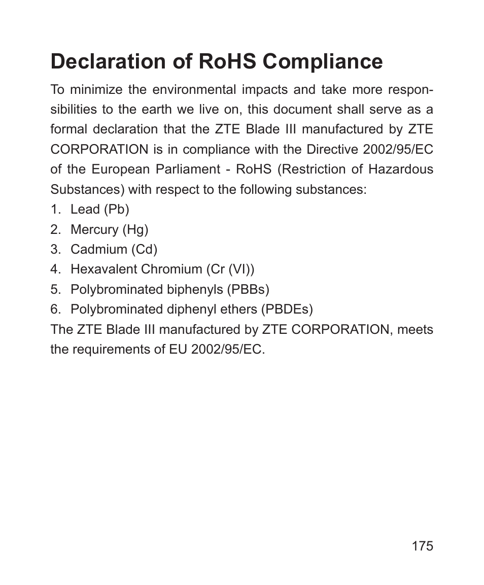 Explosive environments, Declaration of rohs compliance | ZTE Blade 3 User Manual | Page 175 / 179
