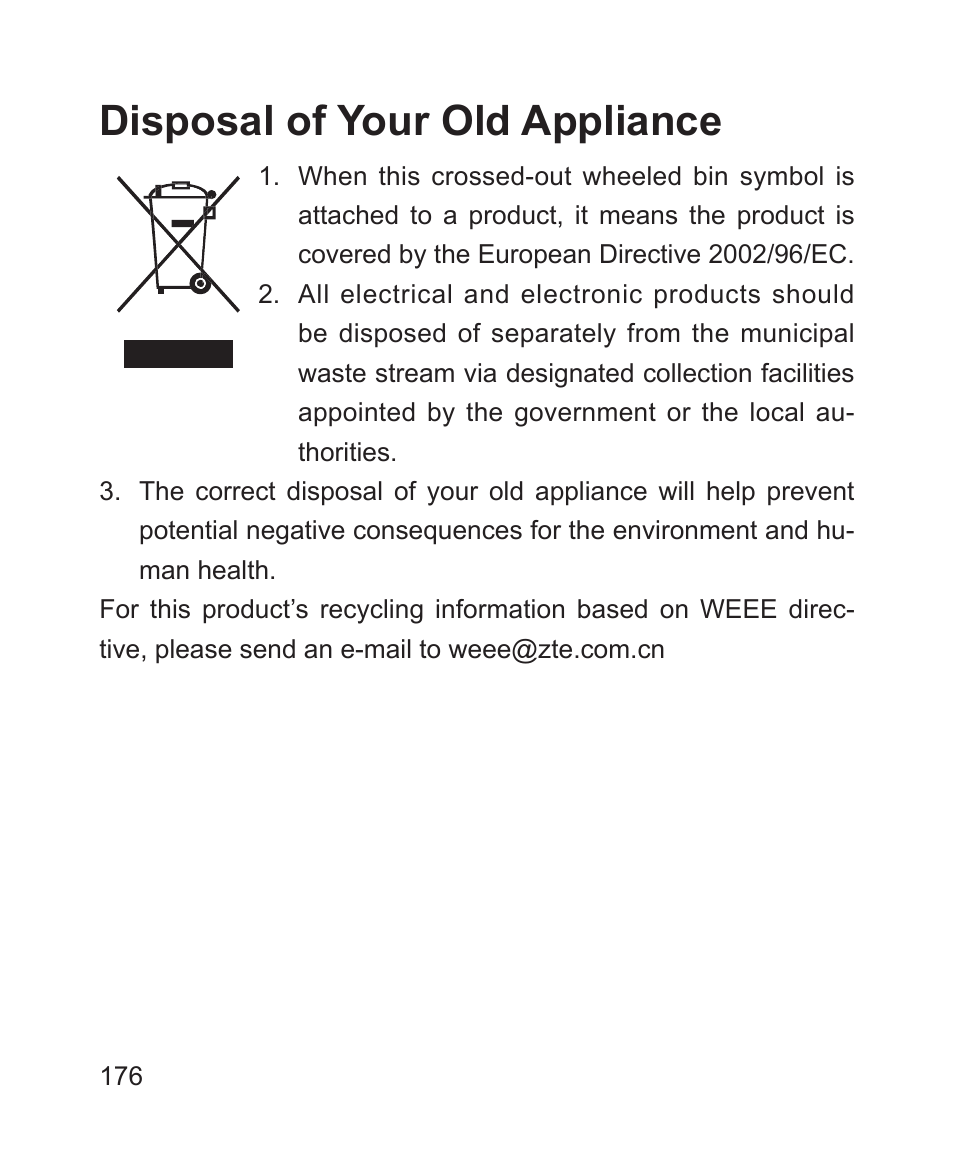 Declaration of rohs compliance, Disposal of your old appliance | ZTE Blade 3 User Manual | Page 176 / 179