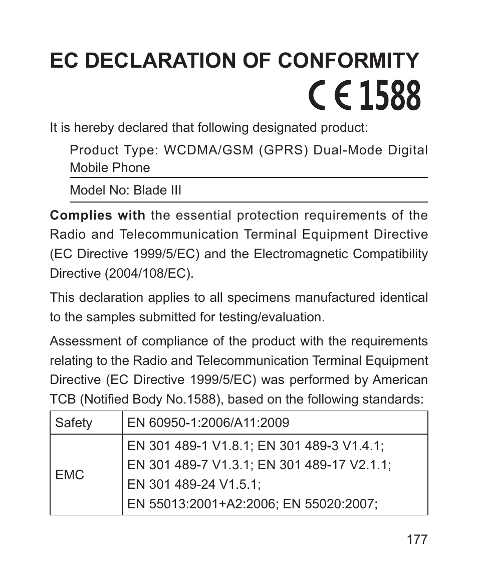 Disposal of your old appliance, Ec declaration of conformity | ZTE Blade 3 User Manual | Page 177 / 179