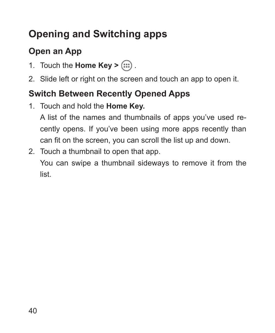 Opening and switching apps | ZTE Blade 3 User Manual | Page 40 / 179