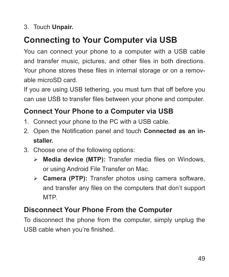 Connecting to your computer via usb | ZTE Blade 3 User Manual | Page 49 / 179