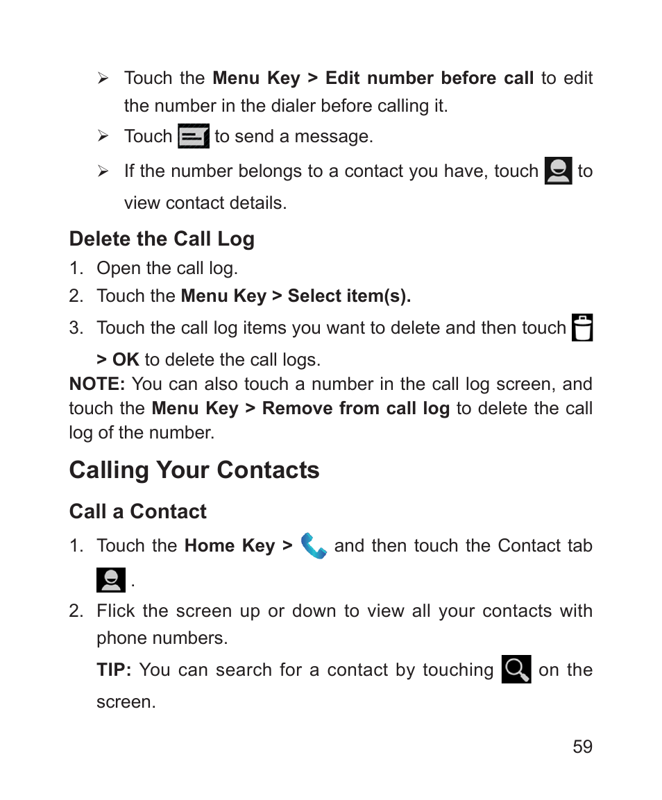 Calling your contacts | ZTE Blade 3 User Manual | Page 59 / 179