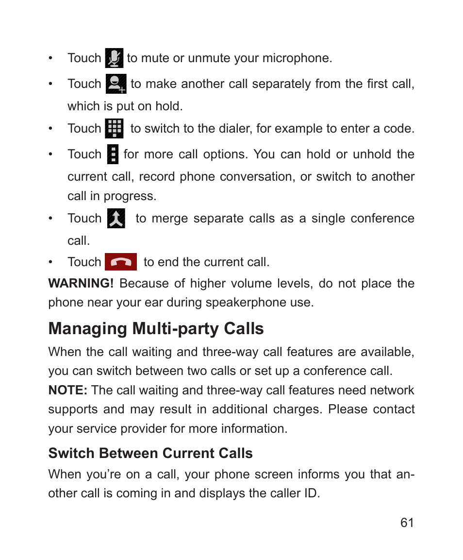 Managing multi-party calls | ZTE Blade 3 User Manual | Page 61 / 179