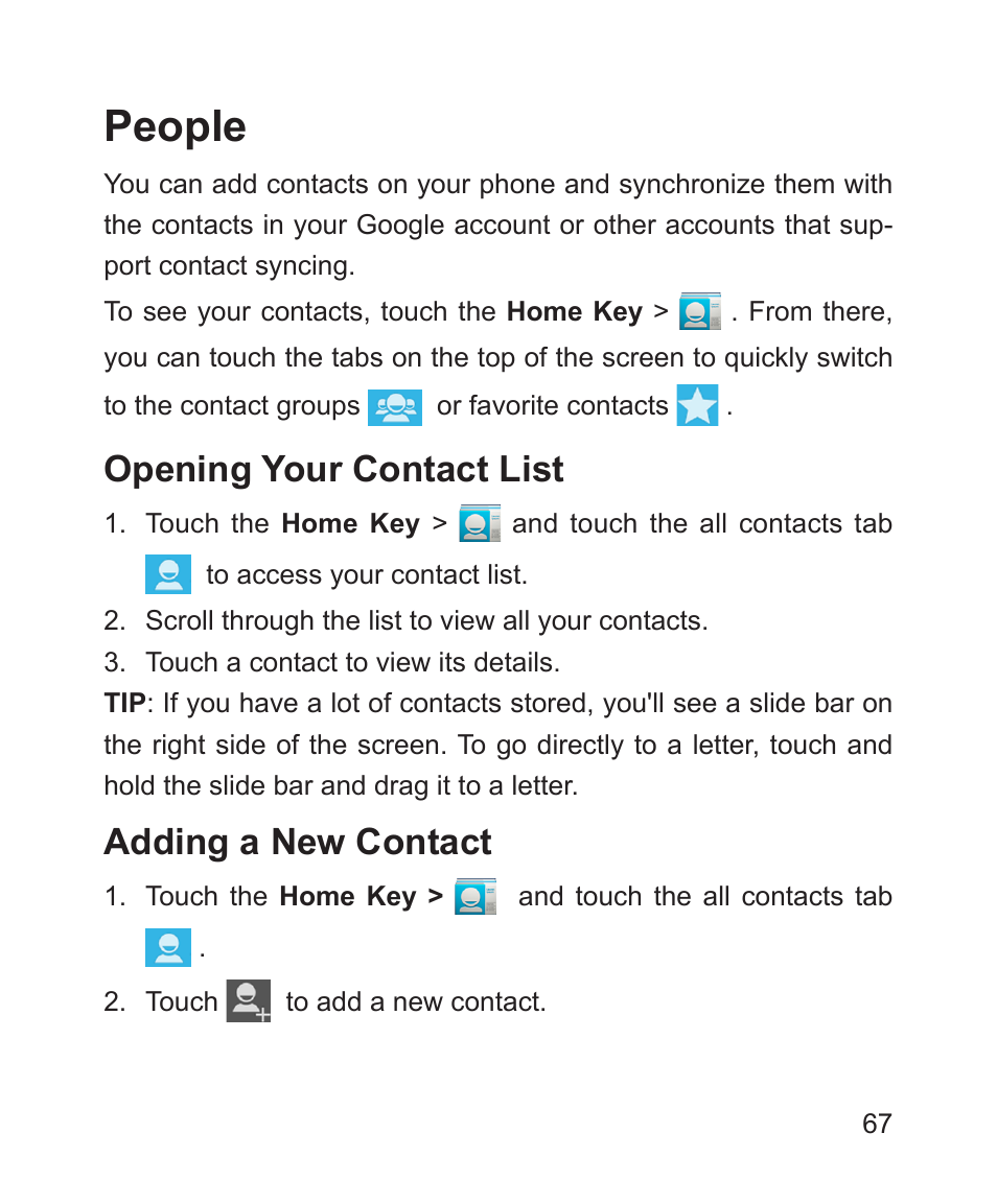 People, Opening your contact list, Adding a new contact | Opening your contact list adding a new contact | ZTE Blade 3 User Manual | Page 67 / 179