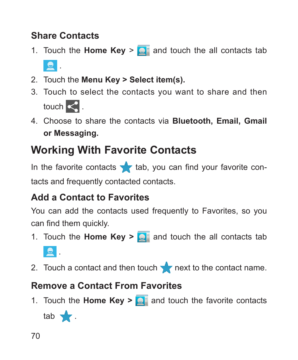 Working with favorite contacts | ZTE Blade 3 User Manual | Page 70 / 179