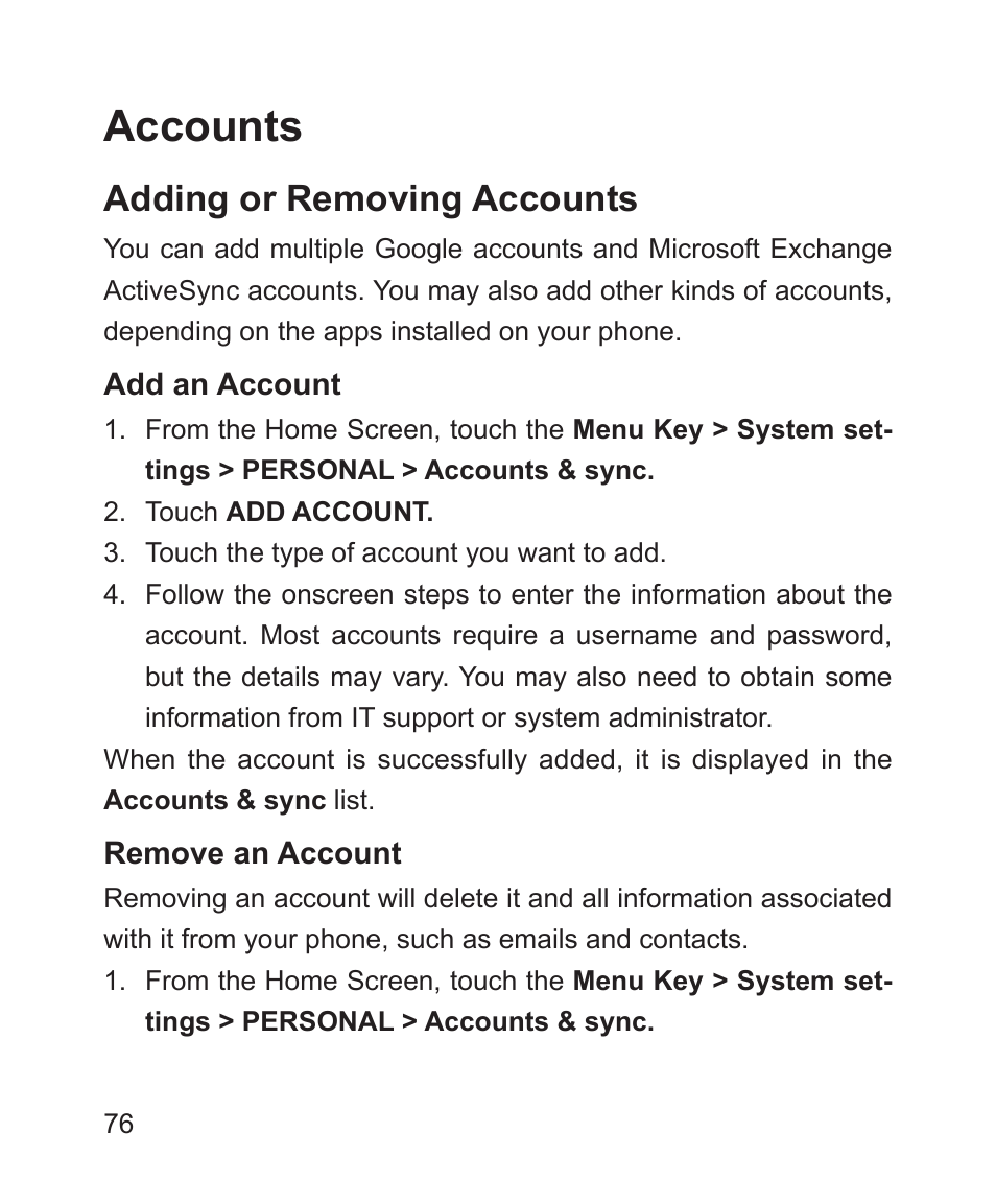 Accounts, Adding or removing accounts | ZTE Blade 3 User Manual | Page 76 / 179