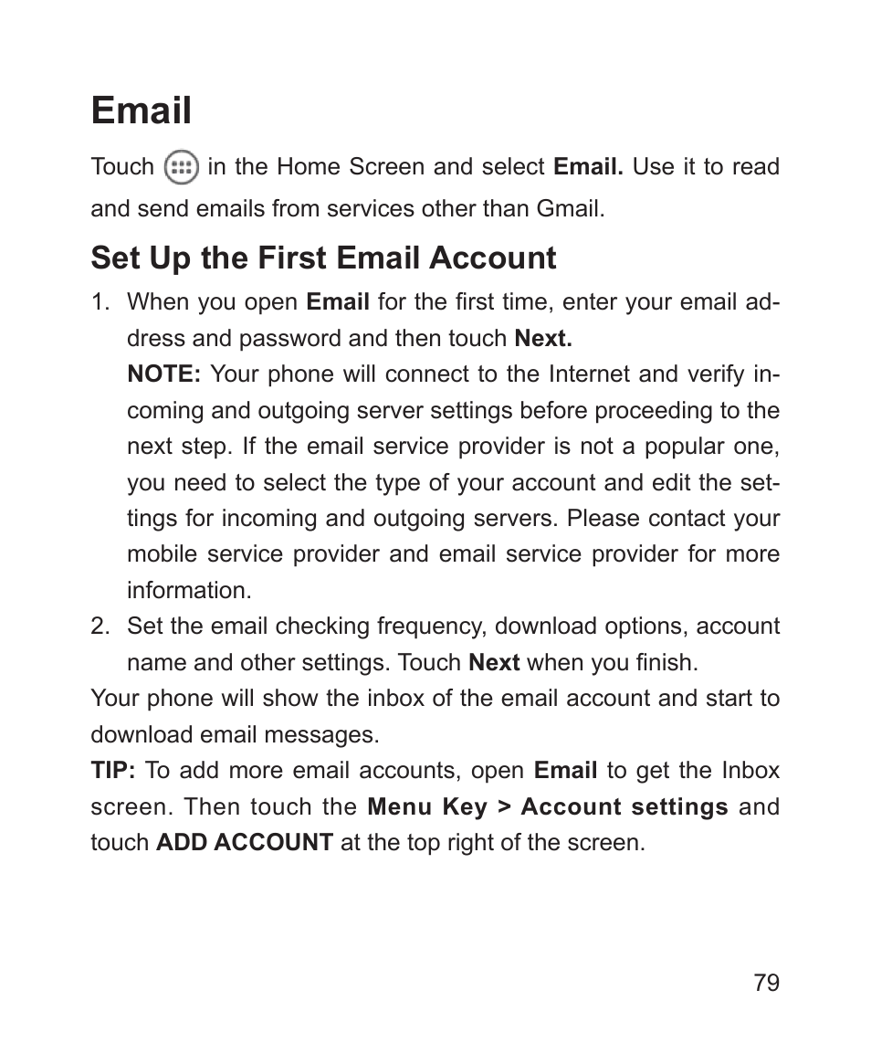 Email, Set up the first email account | ZTE Blade 3 User Manual | Page 79 / 179