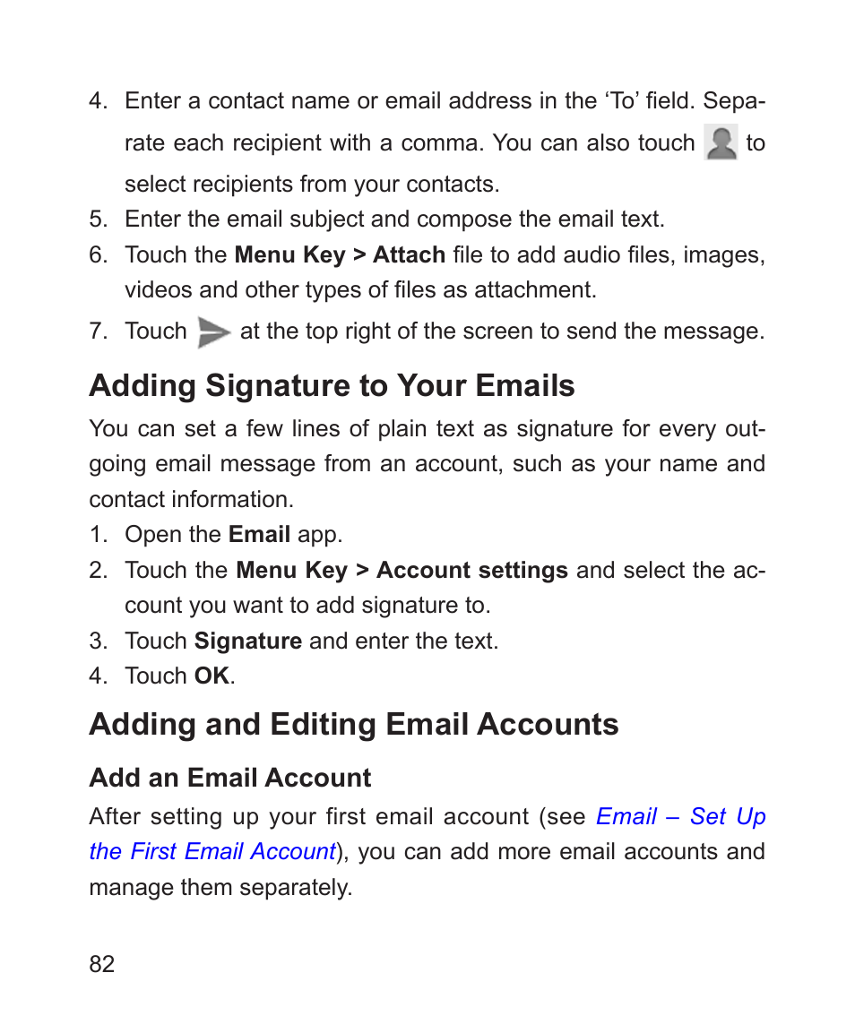 Adding signature to your emails, Adding and editing email accounts | ZTE Blade 3 User Manual | Page 82 / 179