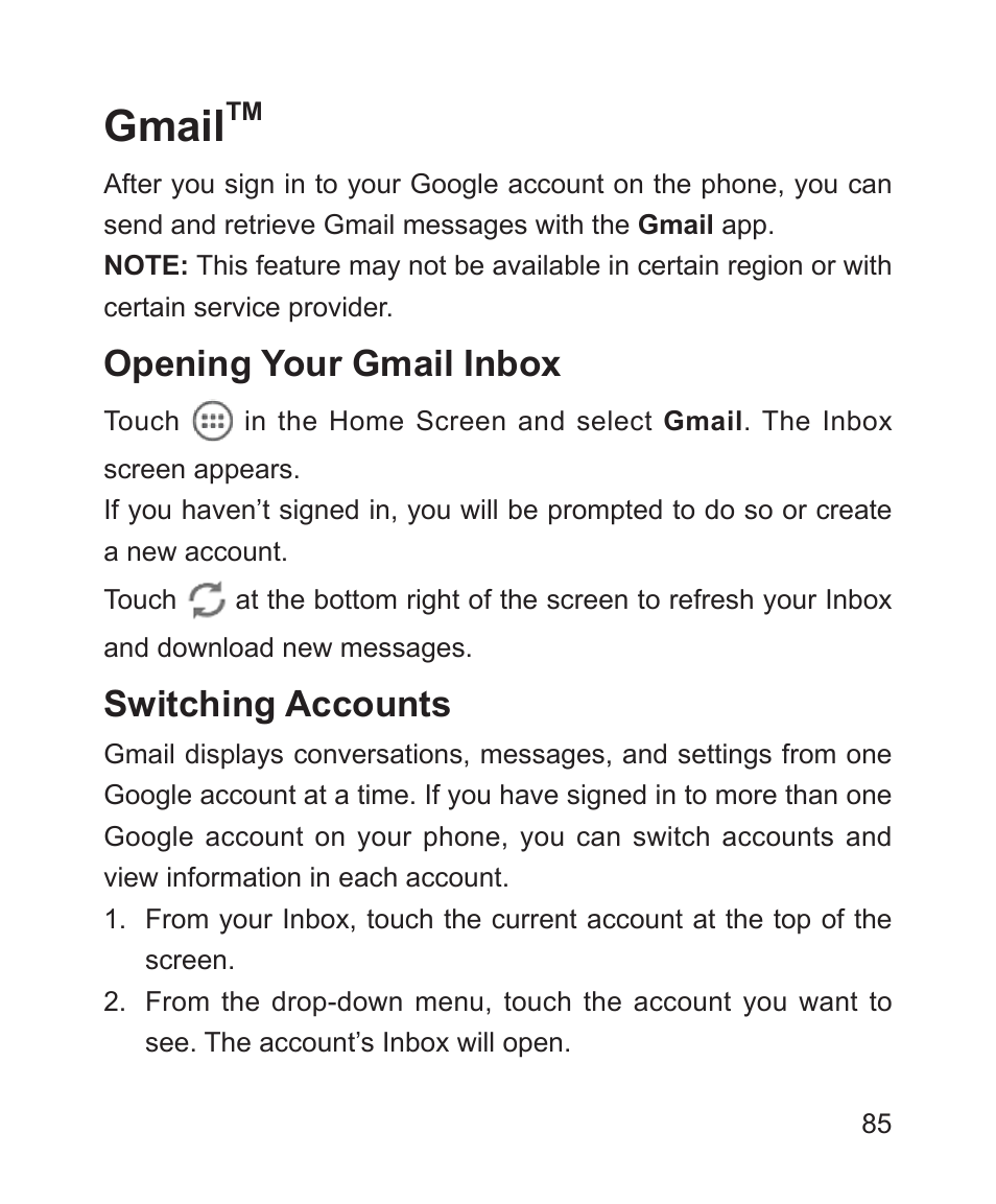 Gmailtm, Opening your gmail inbox, Switching accounts | Gmail, Opening your gmail inbox switching accounts | ZTE Blade 3 User Manual | Page 85 / 179