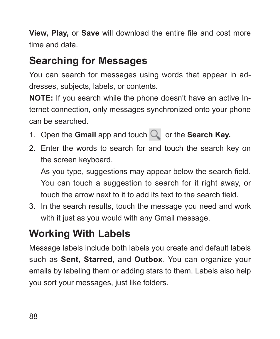 Searching for messages, Working with labels, Searching for messages working with labels | ZTE Blade 3 User Manual | Page 88 / 179