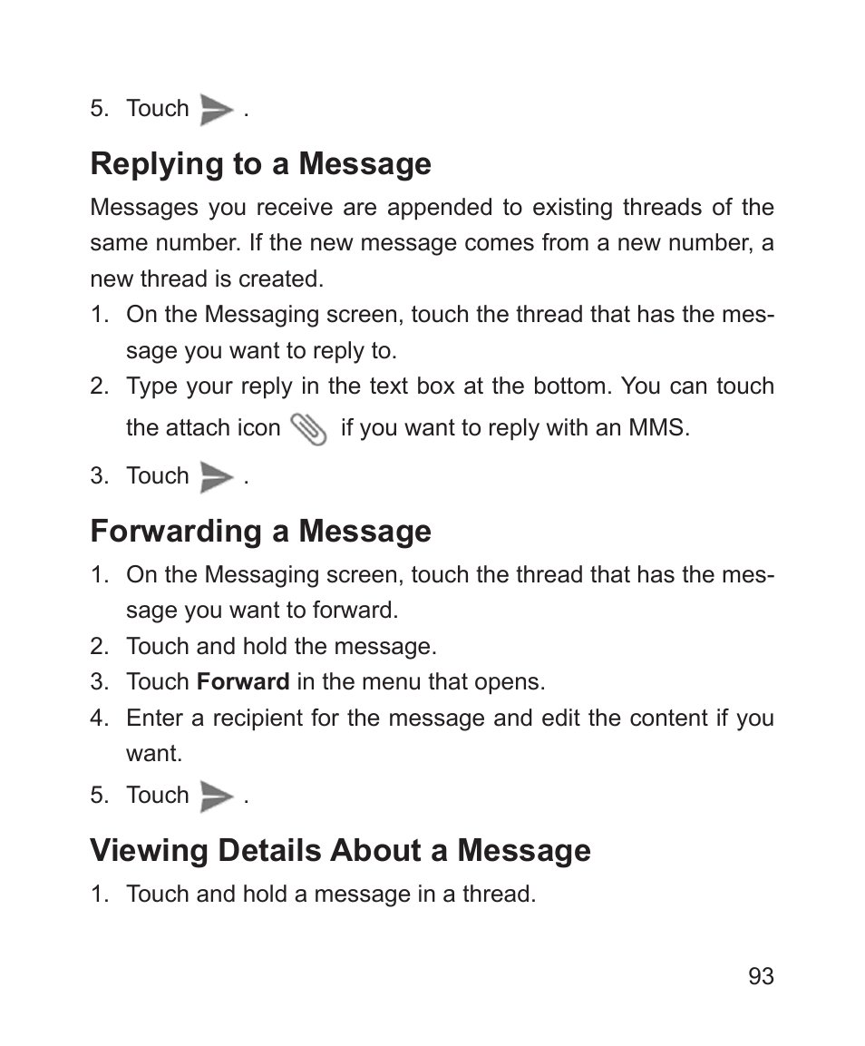 Replying to a message, Forwarding a message, Viewing details about a message | ZTE Blade 3 User Manual | Page 93 / 179