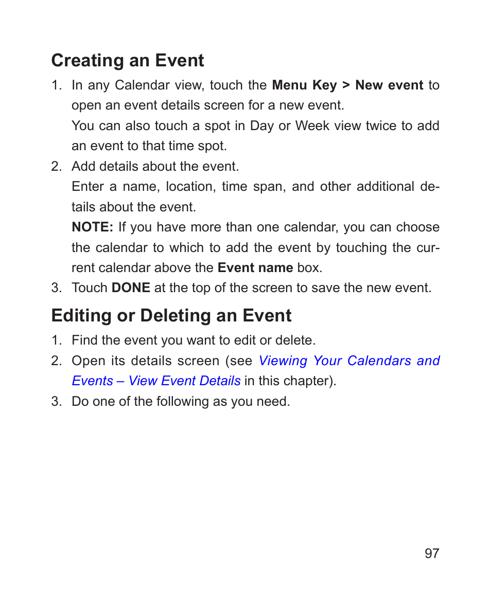 Creating an event, Editing or deleting an event, Creating an event editing or deleting an event | ZTE Blade 3 User Manual | Page 97 / 179