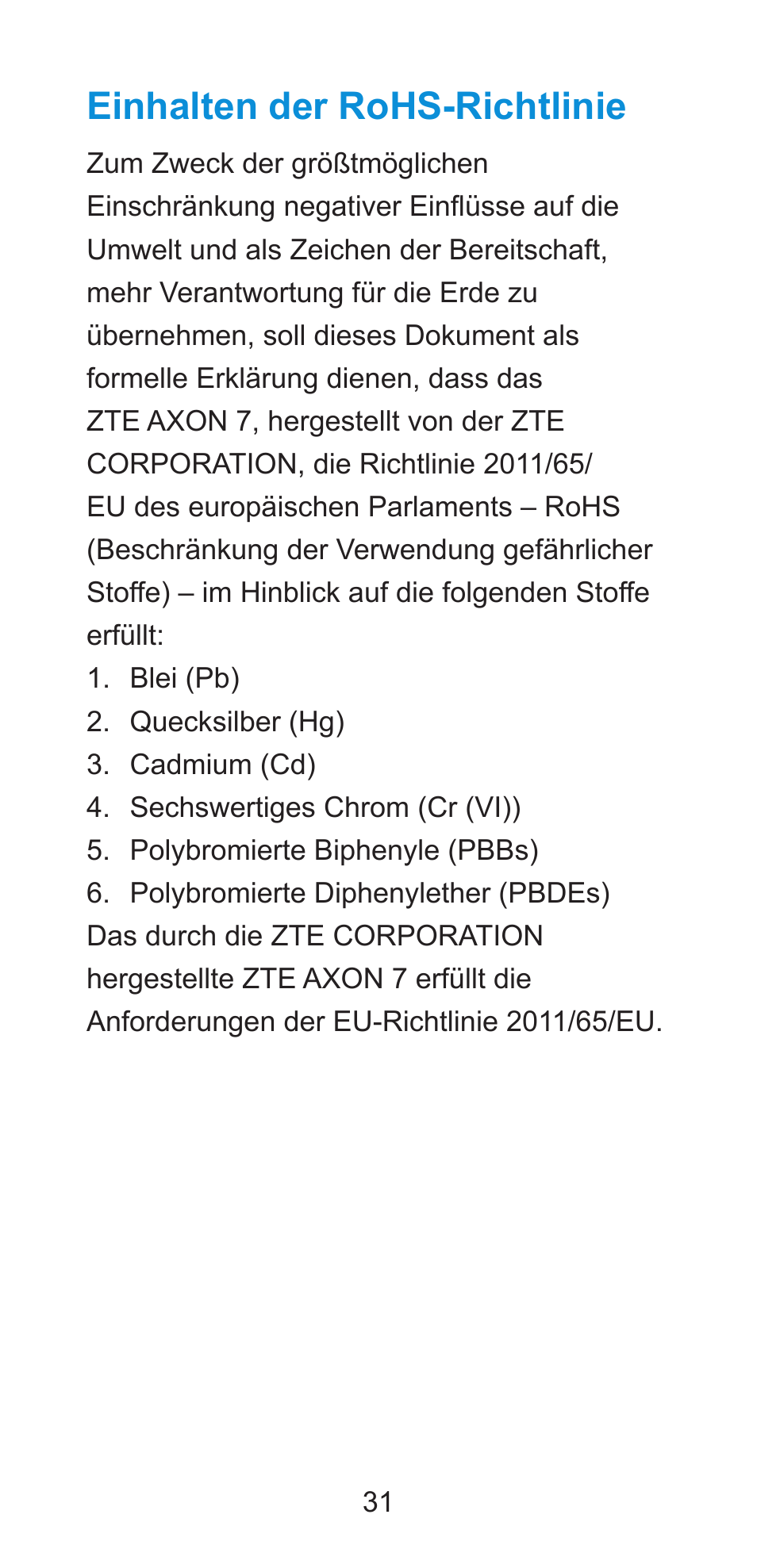 Einhalten der rohs-richtlinie | ZTE Axon 7 A2017G User Manual | Page 33 / 56