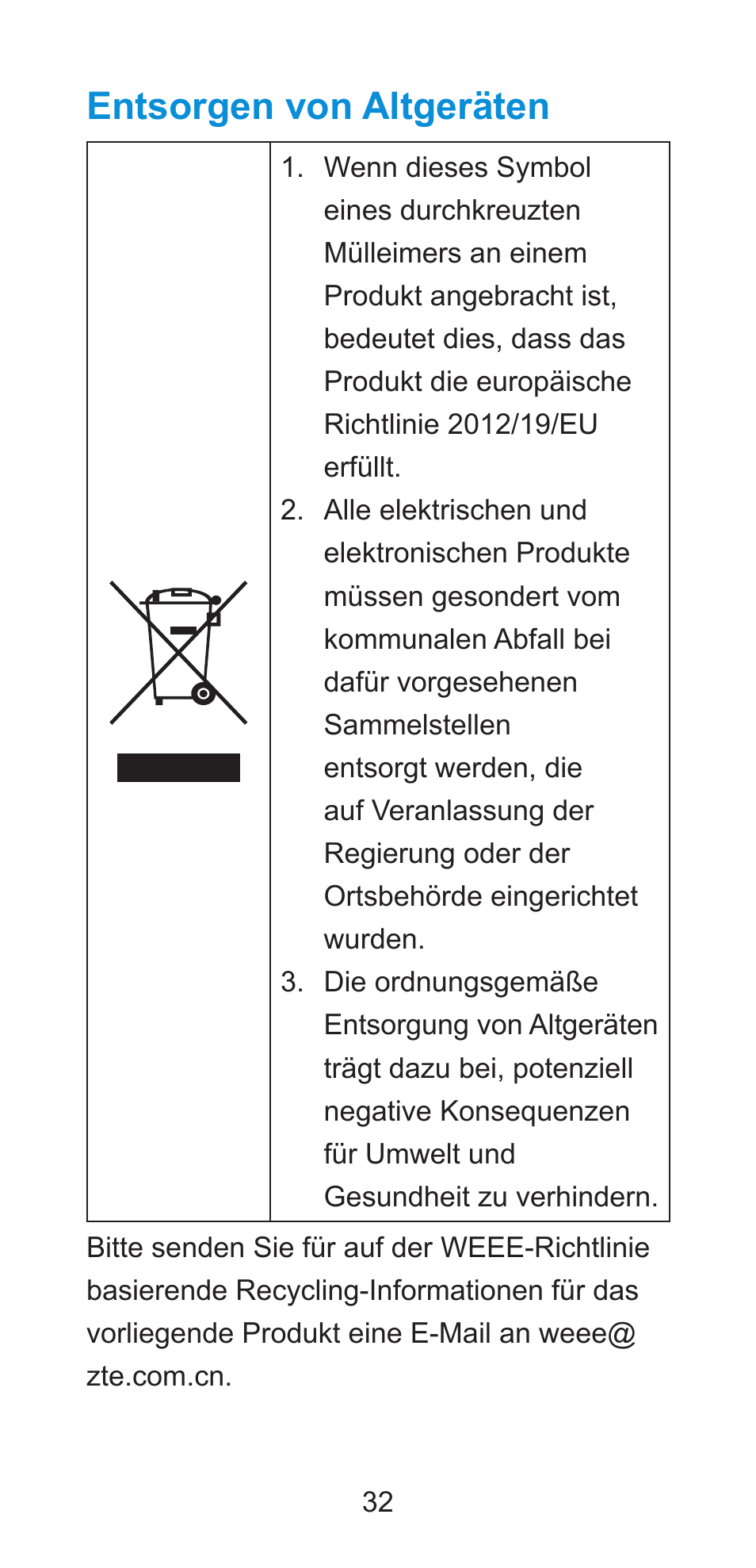 Entsorgen von altgeräten | ZTE Axon 7 A2017G User Manual | Page 34 / 56