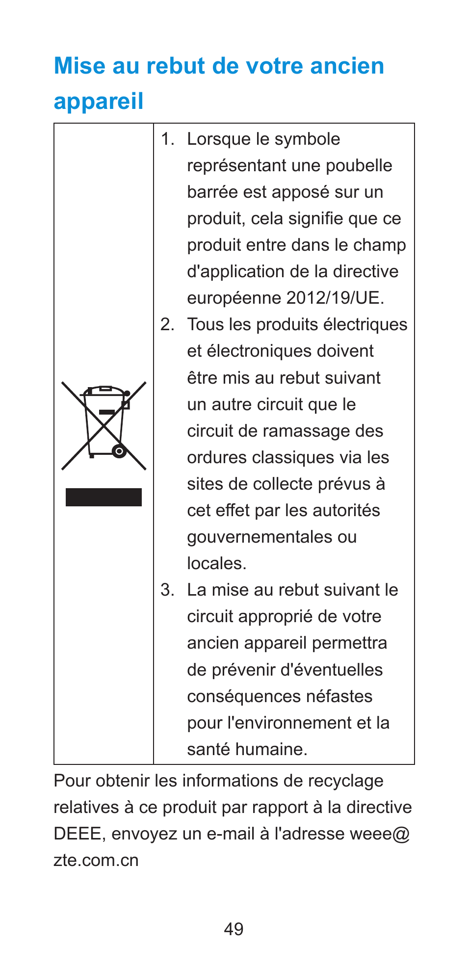 Mise au rebut de votre ancien appareil | ZTE Axon 7 A2017G User Manual | Page 51 / 56