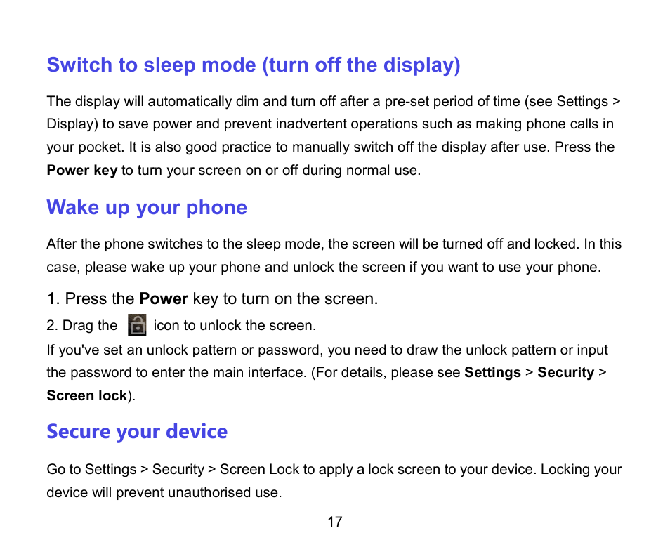 Switch to sleep mode (turn off the display), Wake up your phone, Secure your device | ZTE A462 / Telstra Smart Plus User Manual | Page 18 / 56