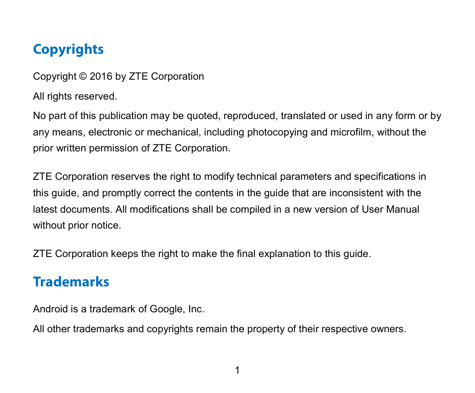 Copyrights, Trademarks | ZTE A462 / Telstra Smart Plus User Manual | Page 2 / 56