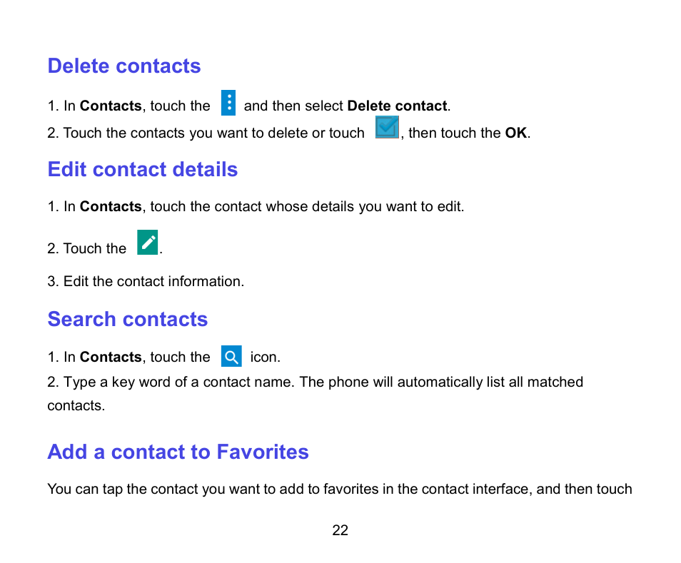 Delete contacts, Edit contact details, Search contacts | Add a contact to favorites | ZTE A462 / Telstra Smart Plus User Manual | Page 23 / 56