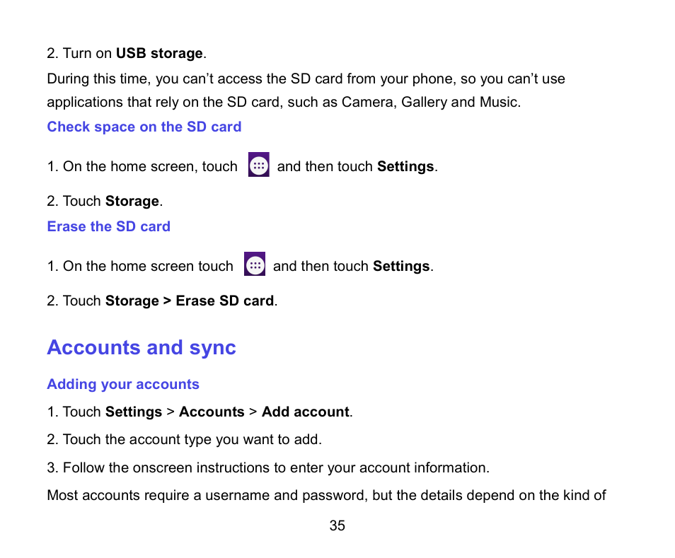 Accounts and sync | ZTE A462 / Telstra Smart Plus User Manual | Page 36 / 56