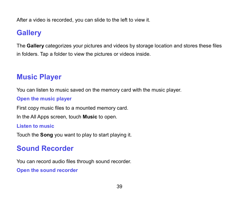 Gallery, Music player, Sound recorder | ZTE A462 / Telstra Smart Plus User Manual | Page 40 / 56