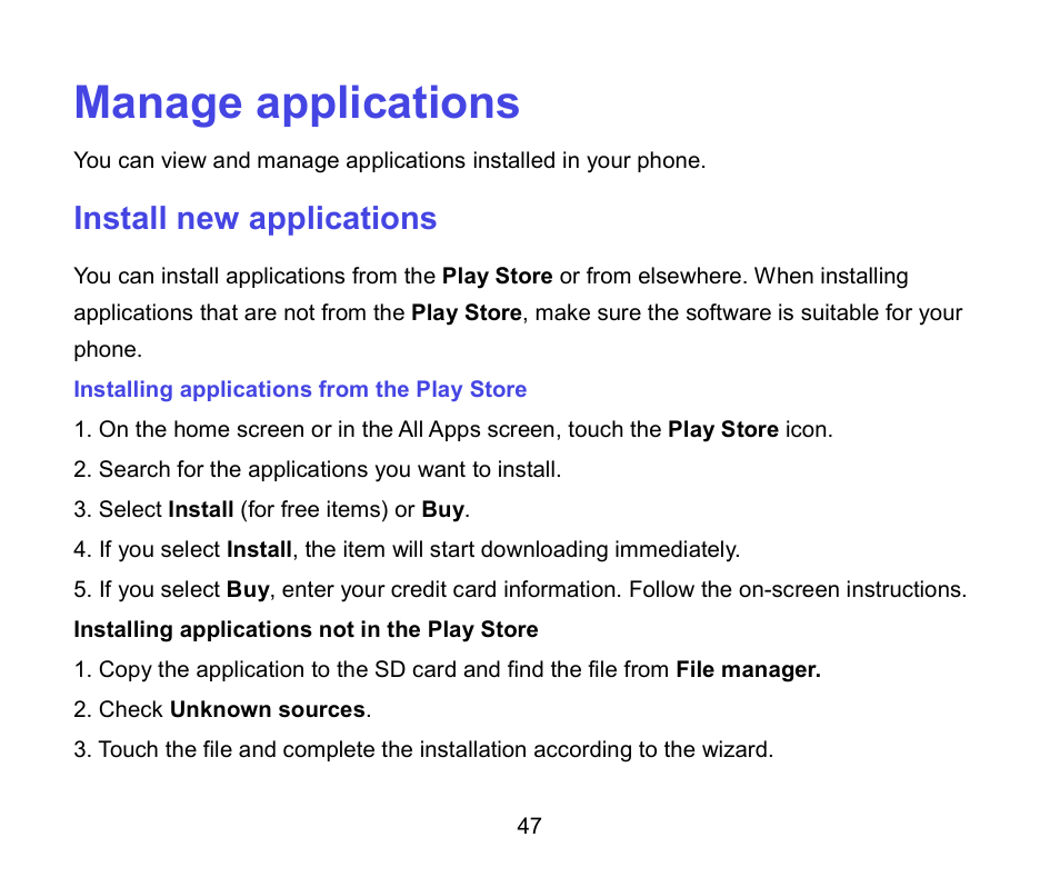 Manage applications, Install new applications | ZTE A462 / Telstra Smart Plus User Manual | Page 48 / 56