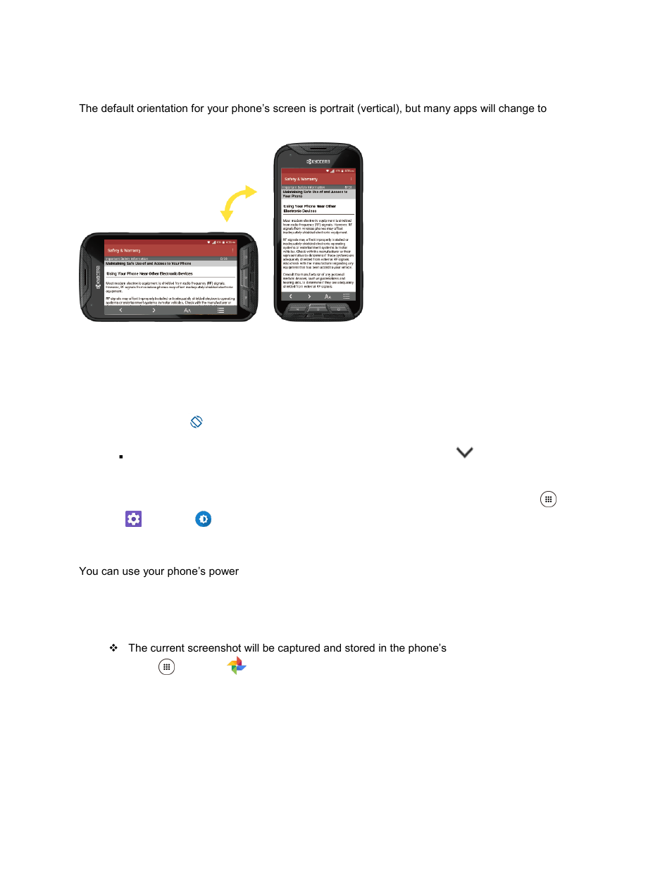 Portrait and landscape screen orientation, Capture screenshots | Kyocera DuraForce Pro User Manual | Page 31 / 245