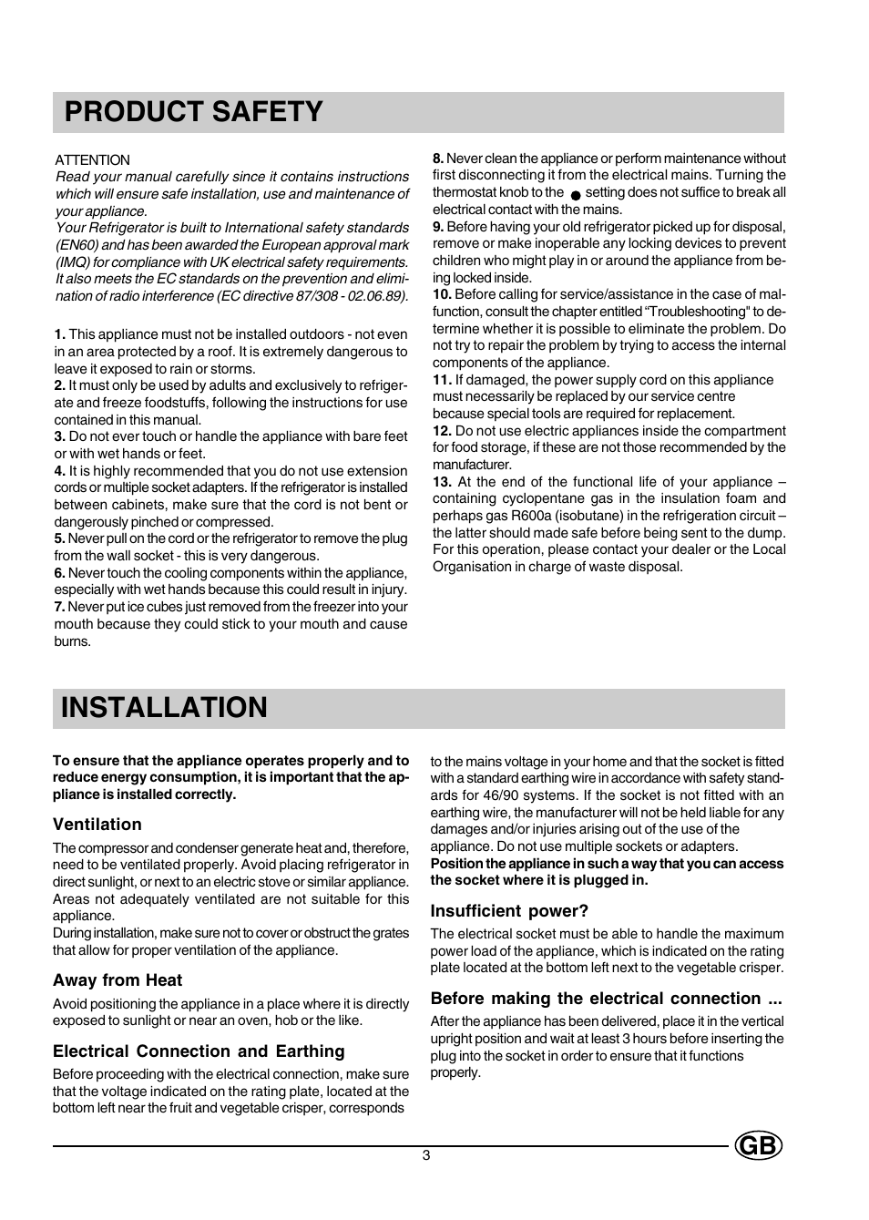 Installation, Product safety | Creda CUL16G User Manual | Page 3 / 12