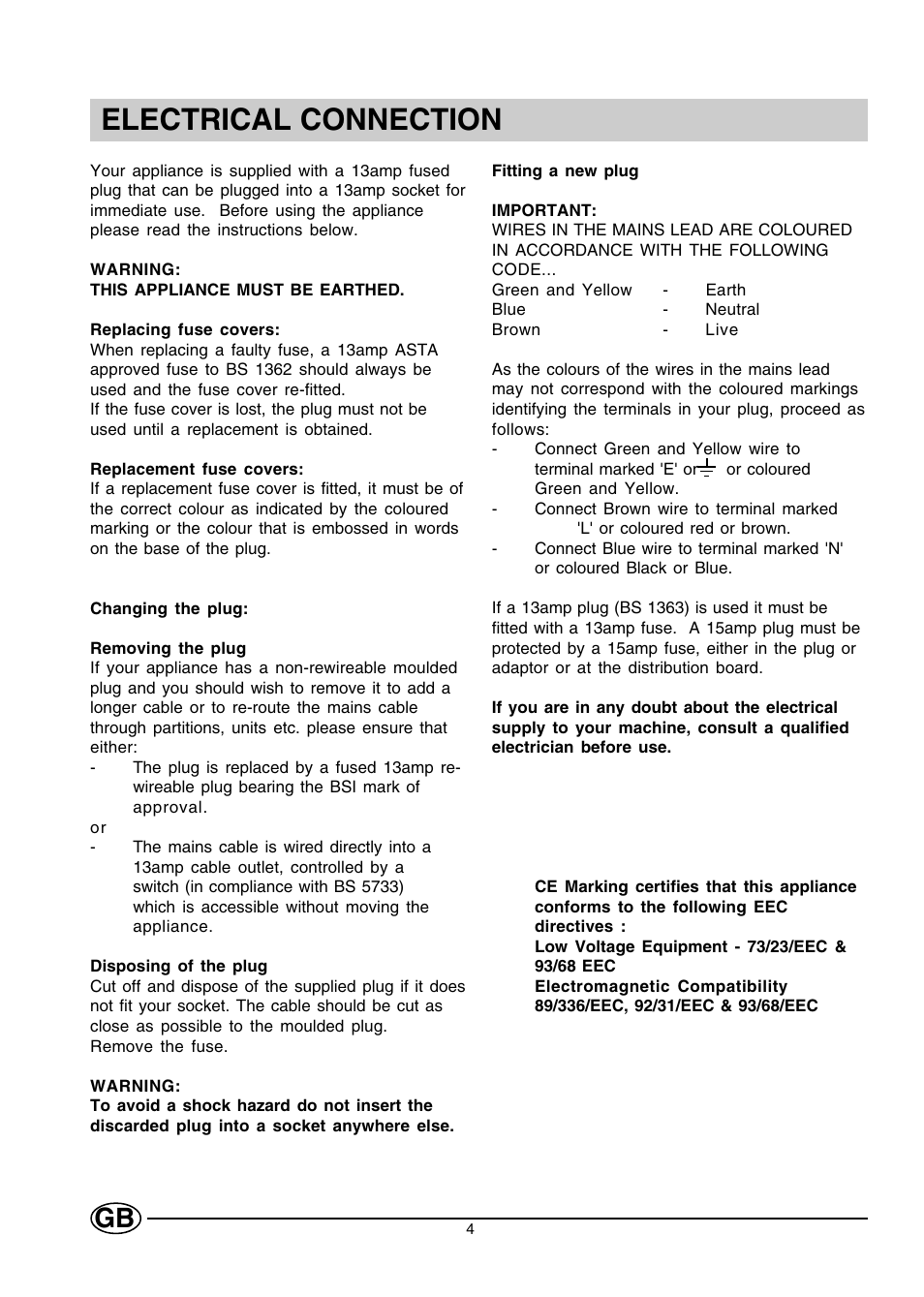 Electrical connection | Creda CUL16G User Manual | Page 4 / 12