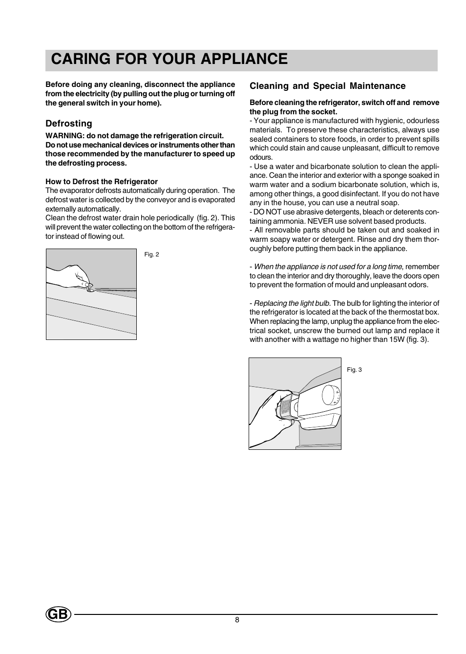 Caring for your appliance | Creda CUL16G User Manual | Page 8 / 12