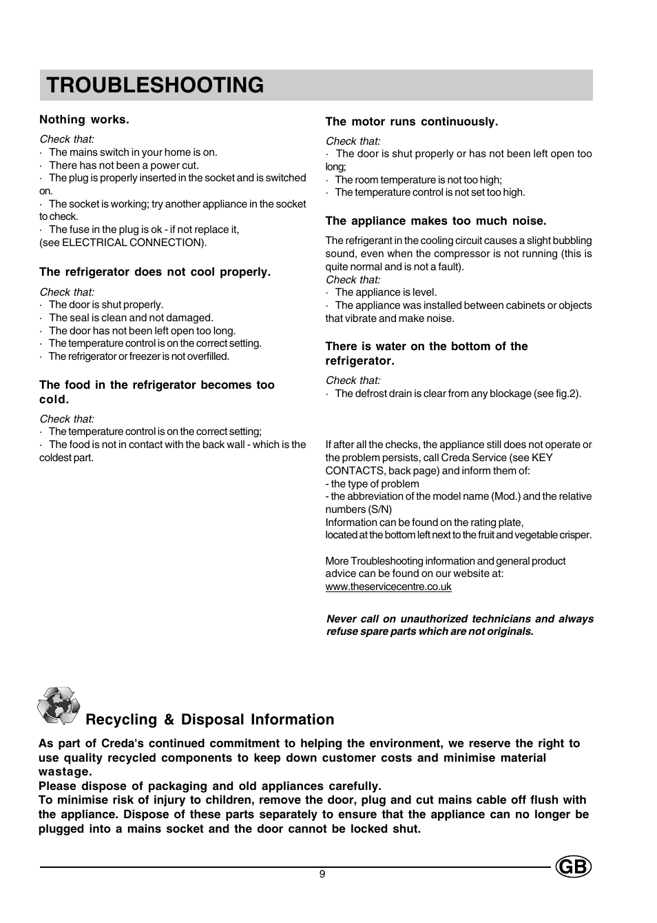 Troubleshooting, Recycling & disposal information | Creda CUL16G User Manual | Page 9 / 12
