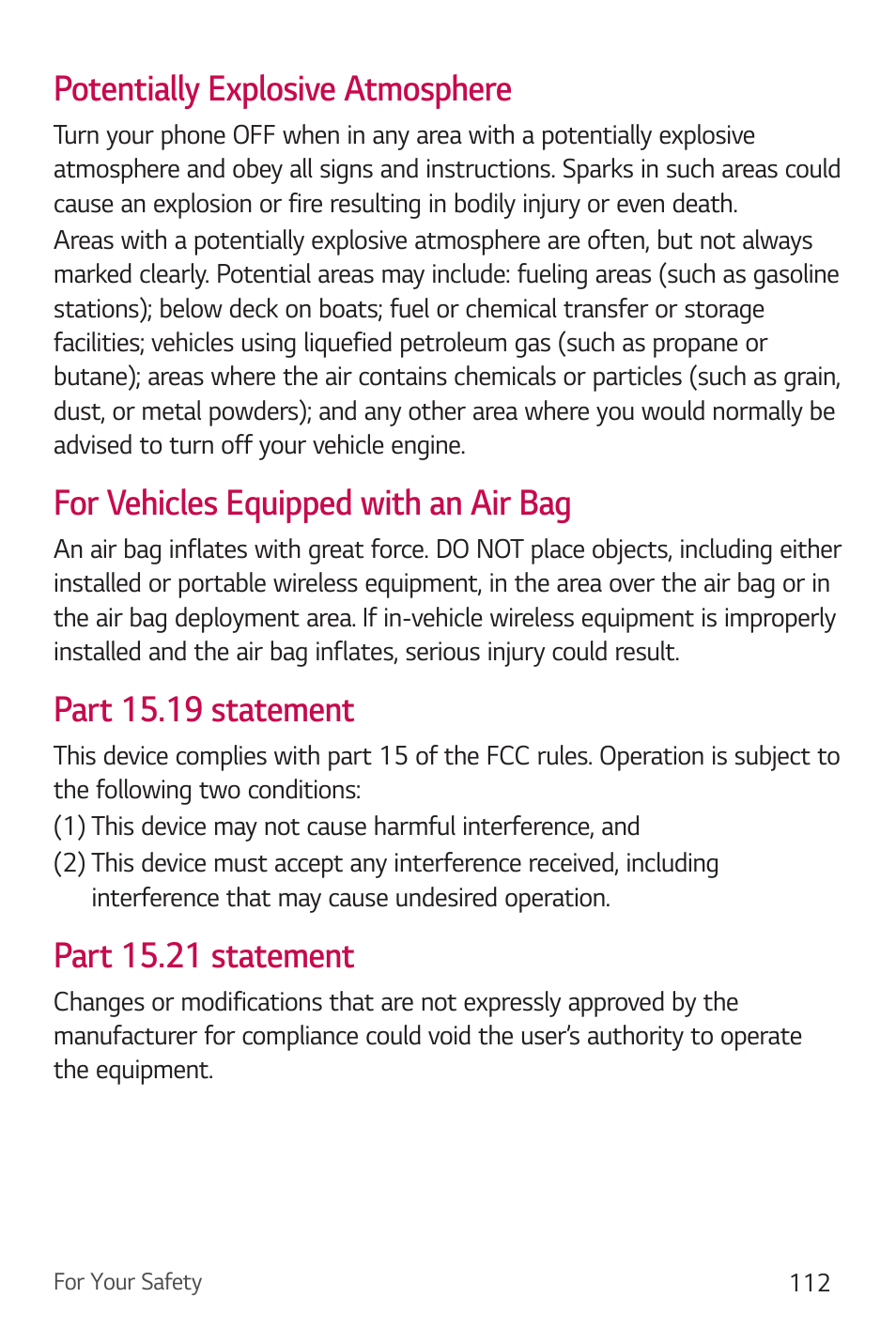 Potentially explosive atmosphere, For vehicles equipped with an air bag, Part 15.19 statement | Part 15.21 statement | LG Stylo 2 Plus LG-K550 User Manual | Page 113 / 129