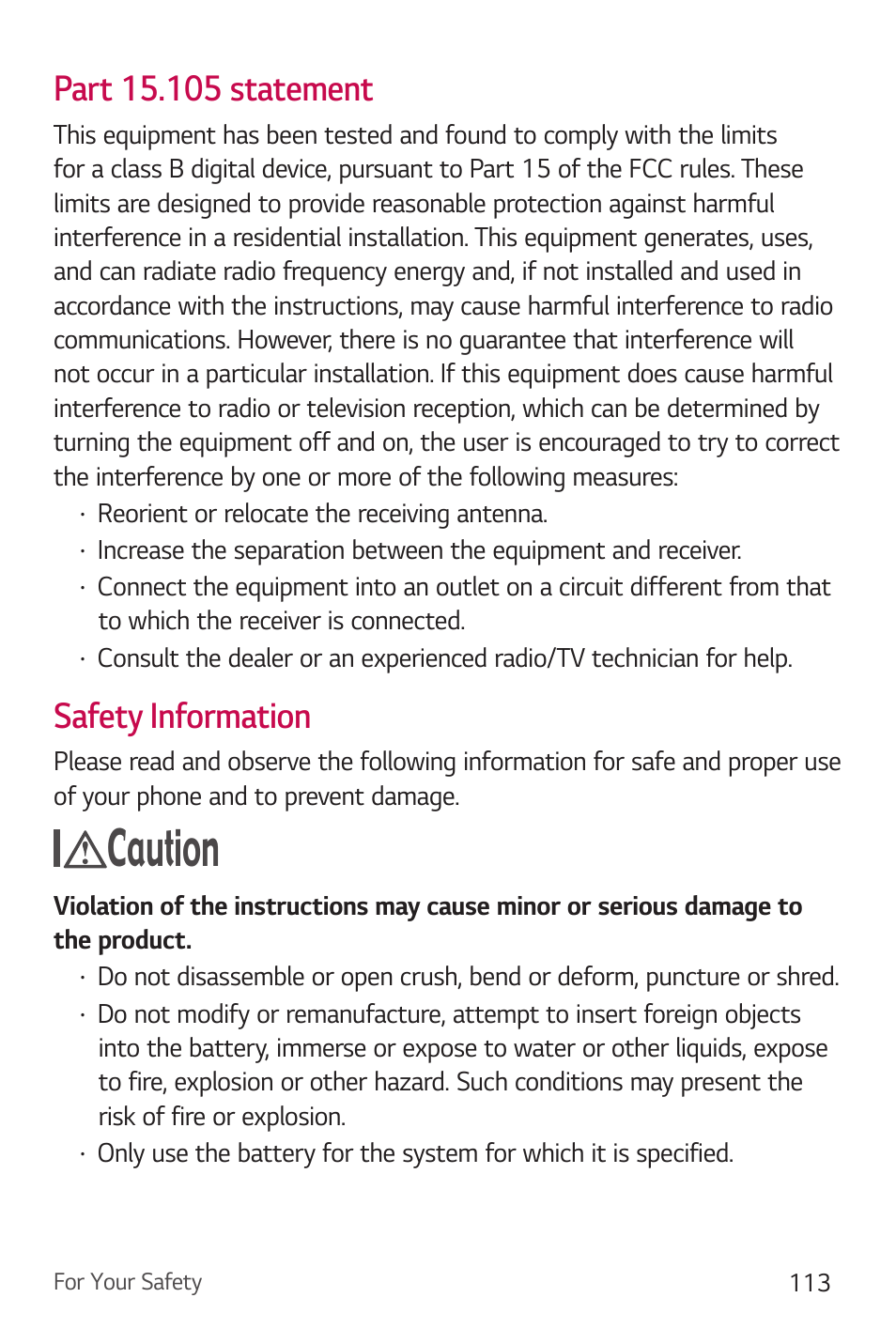 Caution, Safety information | LG Stylo 2 Plus LG-K550 User Manual | Page 114 / 129