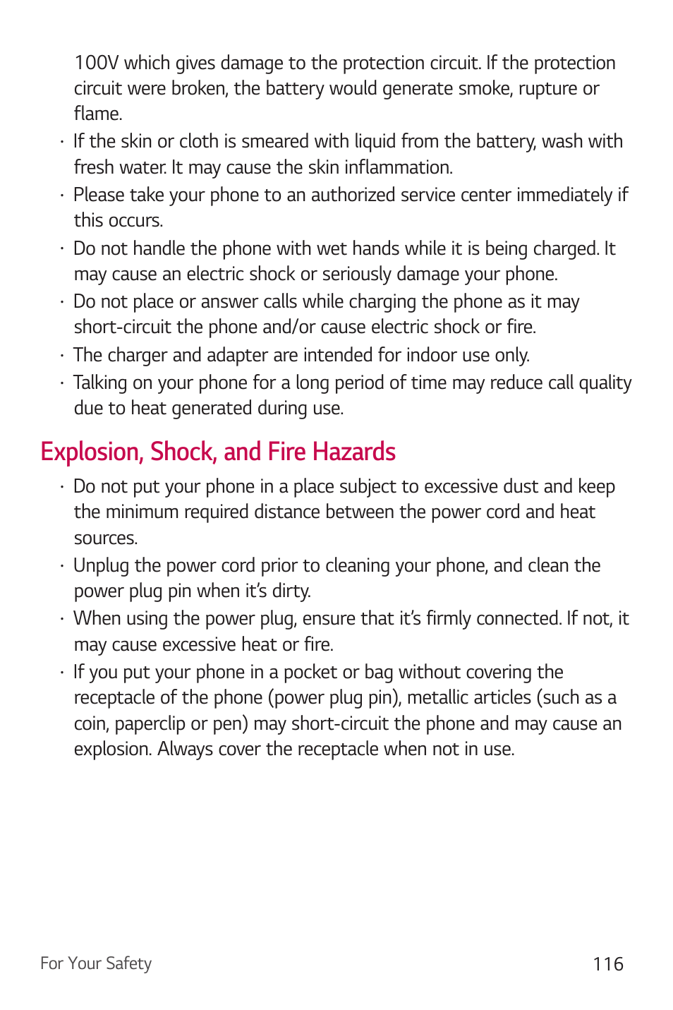 Explosion, shock, and fire hazards | LG Stylo 2 Plus LG-K550 User Manual | Page 117 / 129