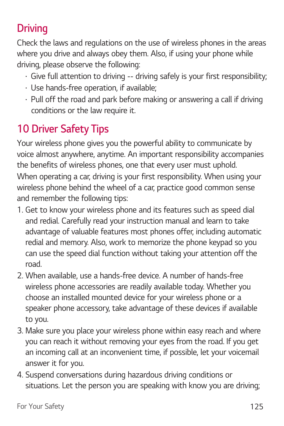 Driving, 10 driver safety tips | LG Stylo 2 Plus LG-K550 User Manual | Page 126 / 129