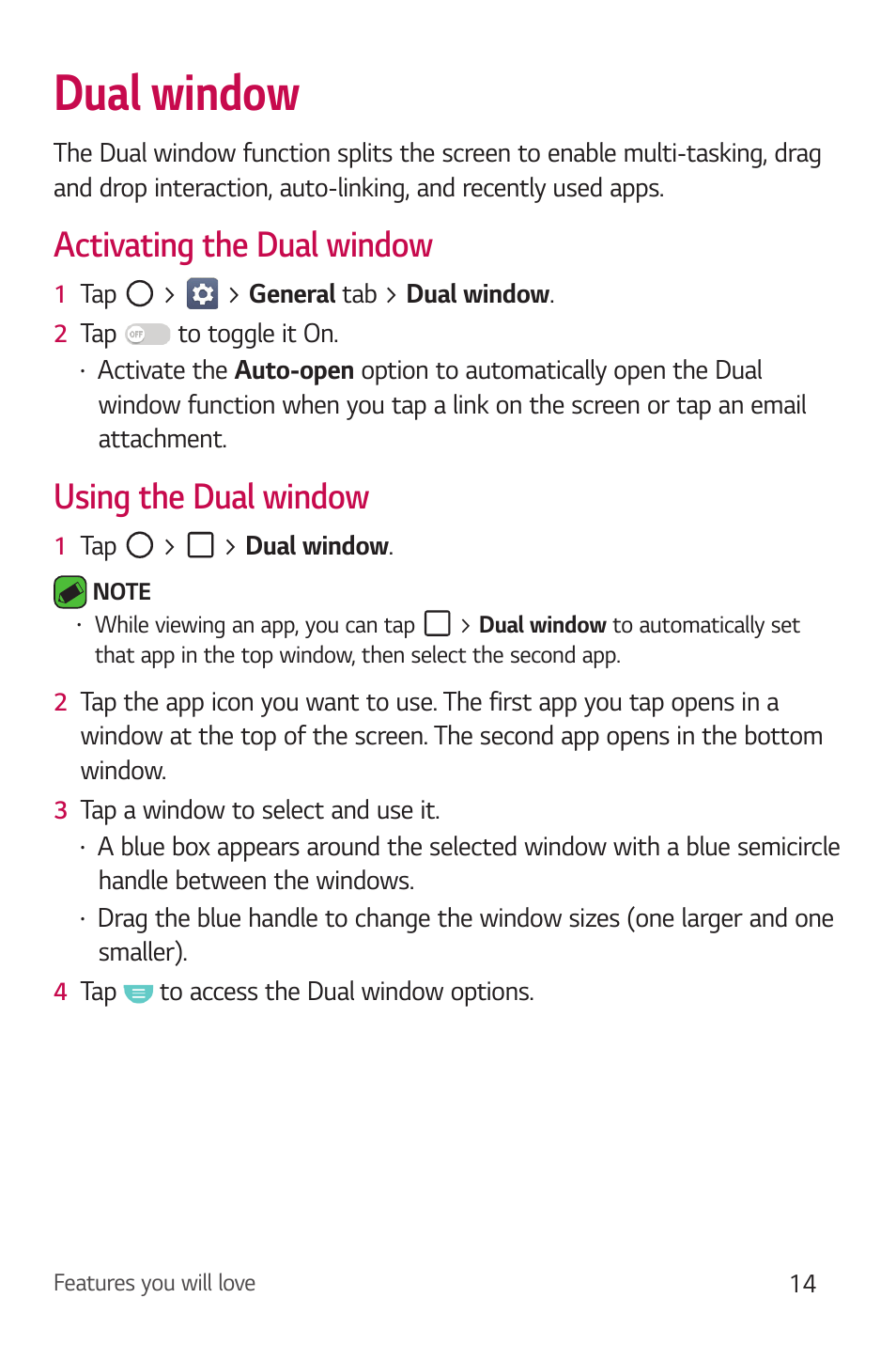 Dual window, Activating the dual window, Using the dual window | Activating the dual window using the dual window | LG Stylo 2 Plus LG-K550 User Manual | Page 15 / 129