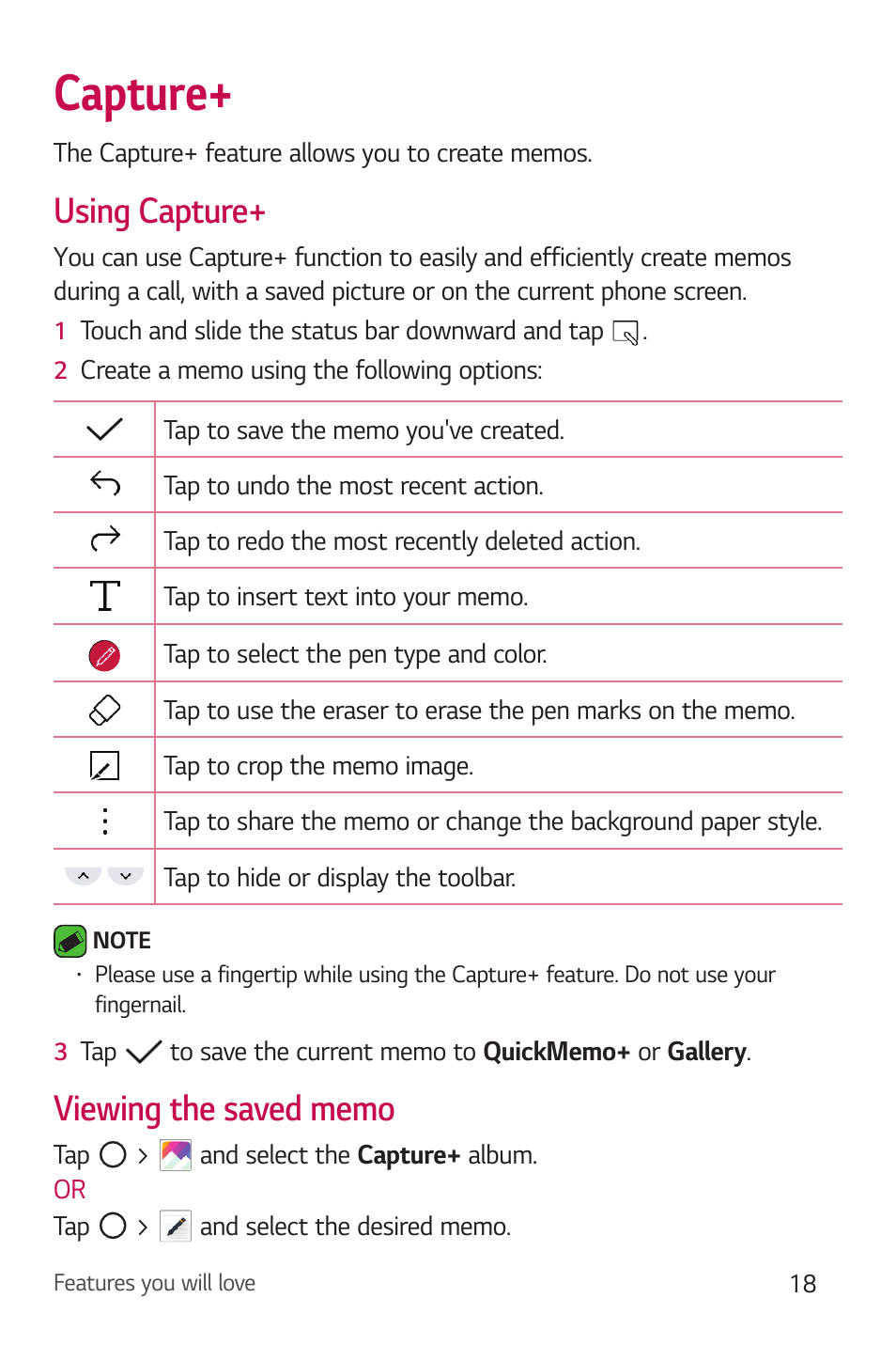 Capture, Using capture, Viewing the saved memo | Using capture+ viewing the saved memo | LG Stylo 2 Plus LG-K550 User Manual | Page 19 / 129